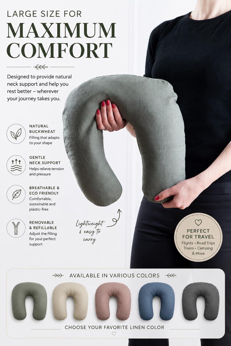 Large U-shaped buckwheat travel pillow held in hands, showing size and ergonomic neck support design