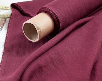 Burgundy Linen Fabric by Yard or Meter, Washed European Flax, 205 GSM