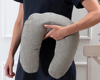Buckwheat neck pillow, striped linen travel pillow, U-shaped neck support, organic buckwheat couch