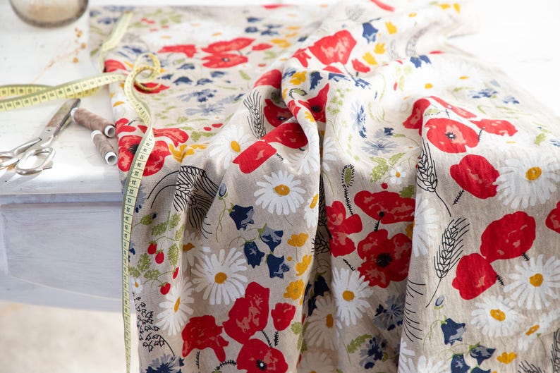 Linen Fabric Meadow Printed, Fabric by the Meter or Yard, Floral Linen