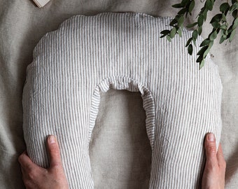 Buckwheat Neck Pillow, Travel Neck Pillow, Striped Linen Pillow, Natural Neck Support