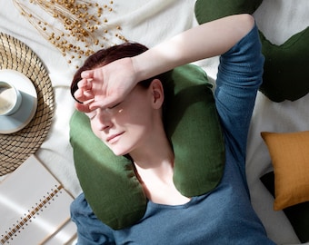 Buckwheat Neck Pillow, Organic Linen Travel Pillow, Pine Green, U-Shaped Support