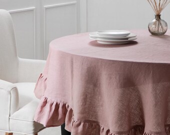 Old pink flax ruffled tablecloth | Washed European linen | Romantic country house tablecloth