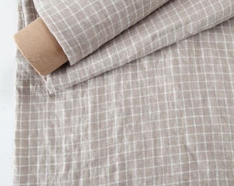 Beige Check Linen Fabric | Washed European Linen | Windowpane Linen Fabric | Soft Linen by the Yard | Linen by Meter