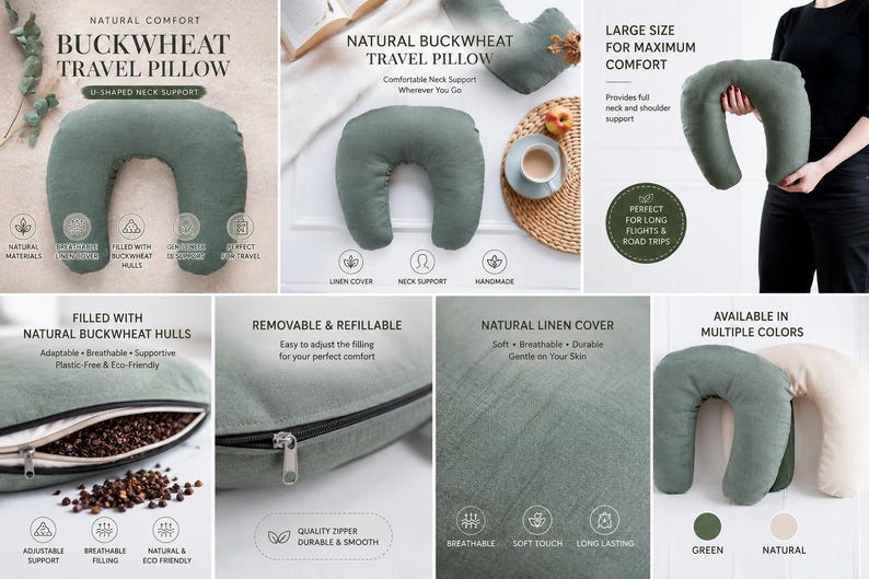 May include: A U-shaped travel pillow with a sage green linen cover, filled with natural buckwheat hulls. The pillow features a removable cover with a zipper, adjustable filling, and is available in green and natural colors for neck support.