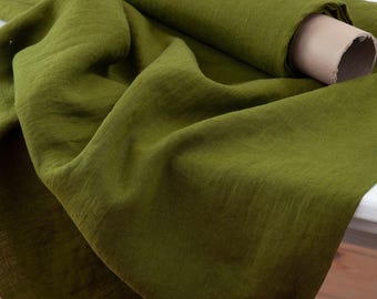 Moss Green European Linen Fabric, Soft Washed, 205 GSM (By Yard)