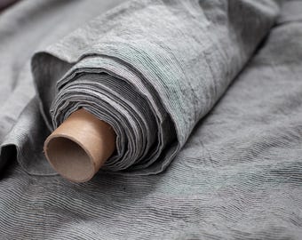 Linen Fabric by the Yard, Grey Striped Stonewashed Textile, OEKO-TEX European Linen