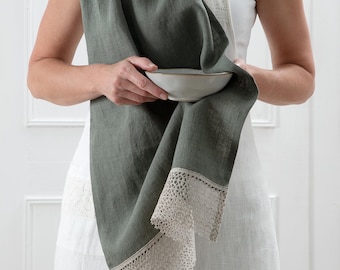Linen Kitchen Towel with Lace, European Flax Tea Towel, Rustic Hand Towel