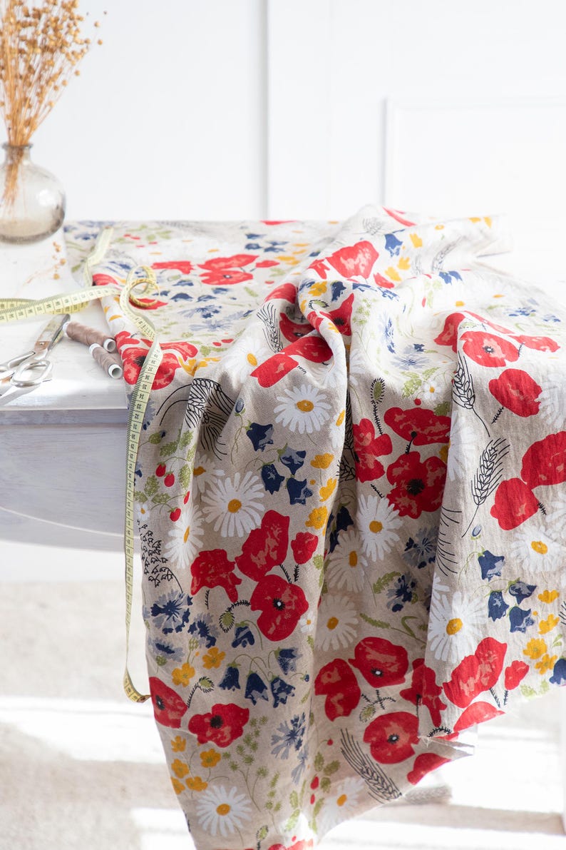 Linen Fabric Meadow Printed, Fabric by the Meter or Yard, Floral Linen