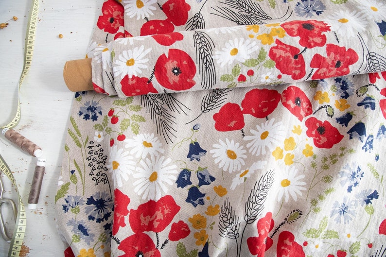 Linen Fabric Meadow Printed, Fabric by the Meter or Yard, Floral Linen