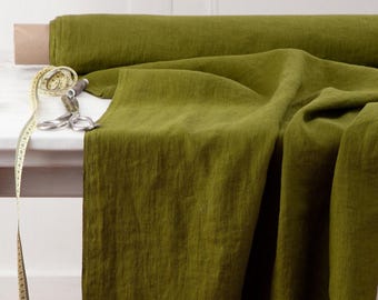 Moss Green Linen Fabric by Yard or Meter, Washed European Flax, 205 GSM