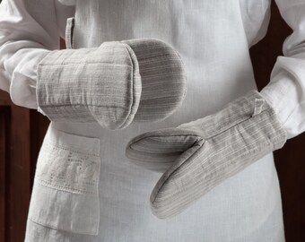 Linen Oven Mitts, Heat Resistant Pot Holders, Quilted Linen Kitchen Gloves, European Linen Baking Mitts