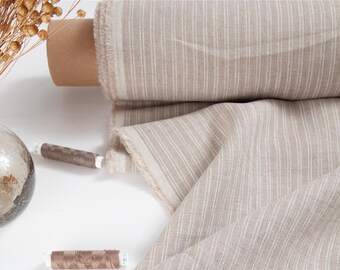 Double milk white stripes Washed linen fabric medium weight European fabric ideal for clothes