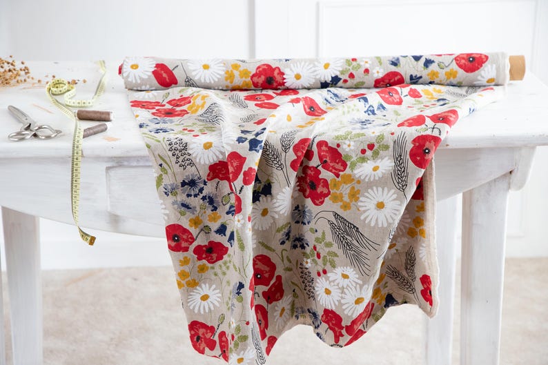 Linen Fabric Meadow Printed, Fabric by the Meter or Yard, Floral Linen