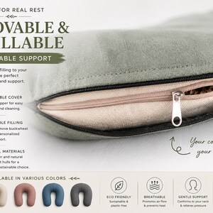 Travel pillow filled with natural buckwheat hulls, breathable and adjustable neck support filling