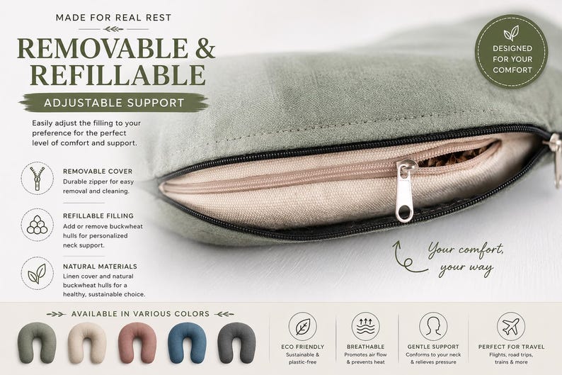 Travel pillow filled with natural buckwheat hulls, breathable and adjustable neck support filling