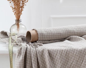 Natural stonewashed European flax linen, Organic Checked enzyme washed fabric