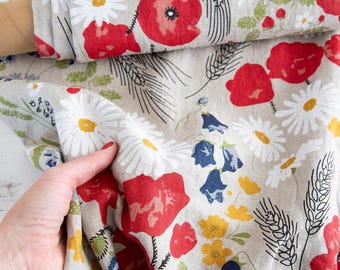 Meadow print Linen Fabric, Medium weight Soft Washed Flax for clothes