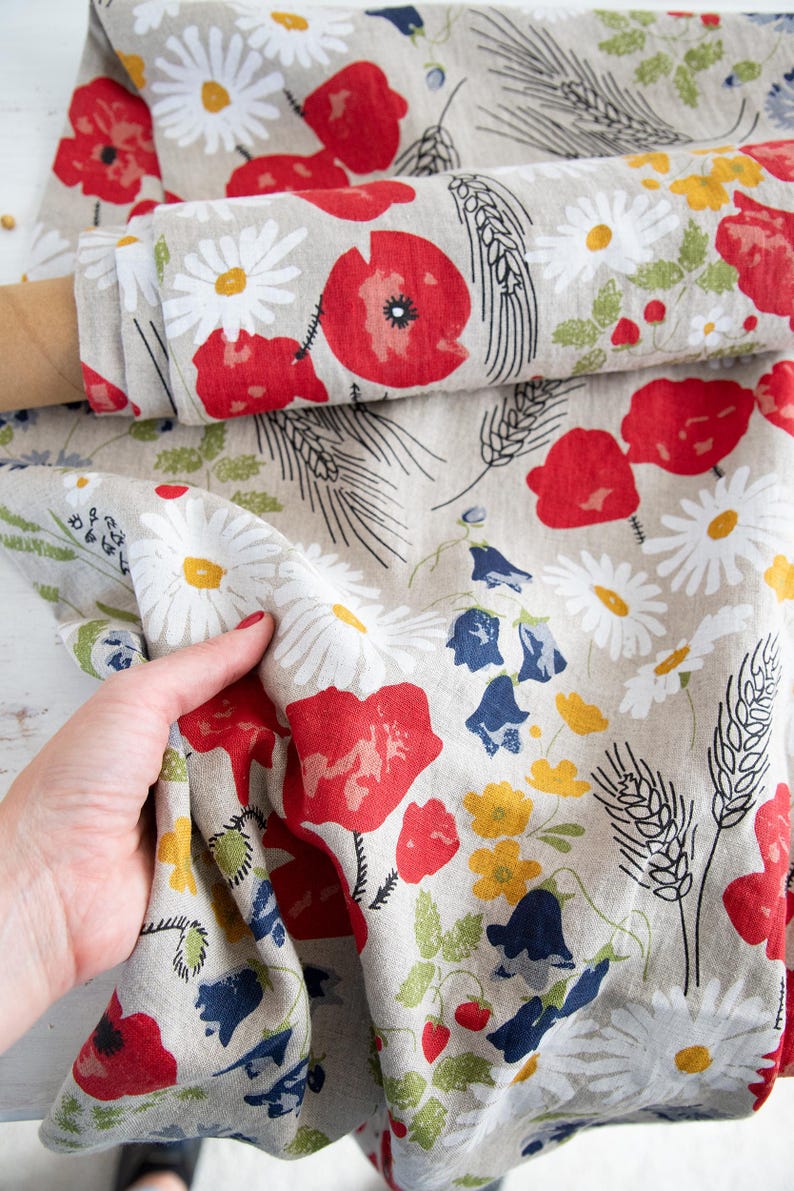 Linen Fabric Meadow Printed, Fabric by the Meter or Yard, Floral Linen
