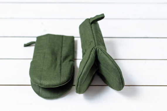 100% Linen Oven Mitts, Pot Holders, Set of 2 Kitchen Mittens, Organic Oven  Mitts, Green Oven Mits 