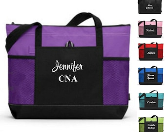 Personalized Tote Bag with Zipper Bridesmaid Gift Wedding Party Teacher Tote Bag Nurse Presents Coaches Gift Monogrammed Tote Bags for Women