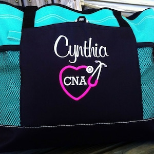 Personalized Monogrammed CNA Tote Bag Nurse Nursing Gift RN LPN bsn heart stethoscope Nurse Appreciation Week Nurses Day Idea Embroider Zip
