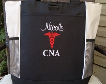 CNA Tote Bag Nurse Gift Bag Nursing Tote RN LPN bsn Caduceus Nurse Appreciation Week Nurses Day Idea Zippered Tote Personalized Embroidered