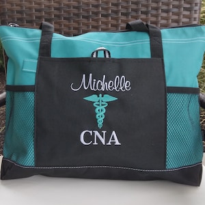 CNA Tote Bag Nurse Gift Bag Nursing Tote RN LPN bsn Caduceus Nurse Appreciation Week Nurses Day Idea Zippered Tote Personalized Embroidered