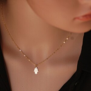 Tiny Hamsa necklace, Petite hand charm necklace, Protect hand, Good luck Jewelry charm