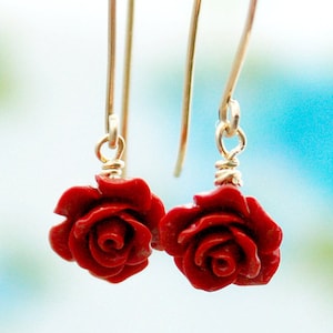 Red rose gold earrings, dangle earrings, 14k gold filled earrings, rose earings, bridesmaid earrings, nature inspired jewelry