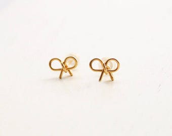 Bow earrings, stud earrings, gold stud earrings, 14k gold filled post earrings, bridesmaid earrings, gold bow, small earrings, wedding