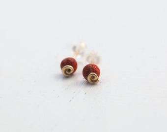 Red Coral Stud Earrings, 14K Gold Filled, Tiny Post Earrings