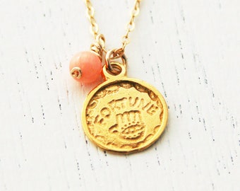 Coin necklace, disc gold necklace, fortune necklace, pink coral necklace, charm necklace, hamsa necklace, everyday jewelry gold