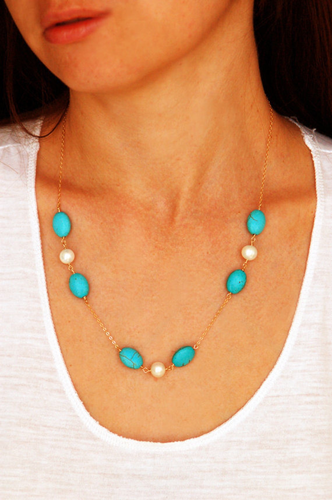 Blue Turquoise and White Pearl Multi Pendant Golden Necklace