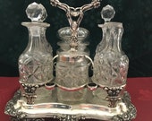 Antique Silver Plated Caddy Tray and 6 Cut Crystal Glass Caster set