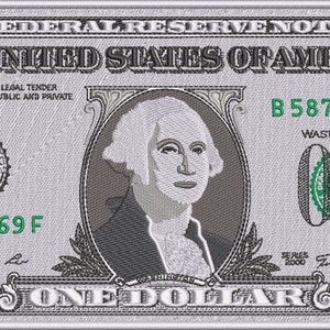 Puede incluir: Un primer plano de un billete de un dólar con un retrato de George Washington. El billete es gris y verde con el texto "THE UNITED STATES OF AMERICA" y "ONE DOLLAR" impreso en él. El número de serie es B58763769F.
