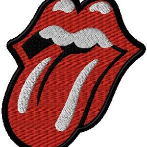 Op de afbeelding: Een rood en wit tonglogo met een zwarte omtrek. De tong steekt uit en heeft een witte streep in het midden. Het logo is een populair symbool van rock and roll.