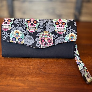 Cartera de mano hecha a mano, calavera de azúcar