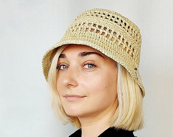 Strow Summer bucket hat, Crochet straw hat, Crochet Bucket Hat, Mesh Multicolor bucket hat, Knit Straw Hat, Straw Sun Hat