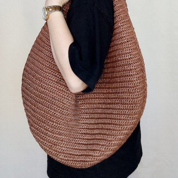 The Medium Hobo Bag of Natural Raffia, Straw Shoulder Bag, Crescent Shape bag, slouchy form