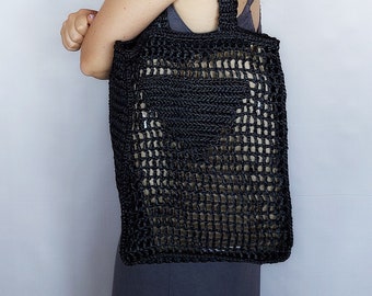 Black Raffia Tote Bag, Straw Tote, Handmade Tote Bag, Crochet Bag, raffia basket bag, French Market Bag, Black Tote Bag, Mesh Tote Bag
