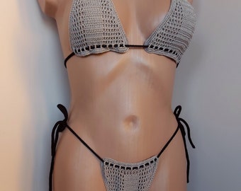 Beige Crohet Mesh Bikini, Transparent swimsuit, Size M