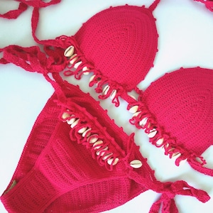 US stock Crochet Womens Swimsuit, Shell Bikini Set, Handmade Sexy Bikini Suit, Triangle Swim Top and Tie-Side Bottom Set, Womens Swimwear