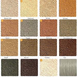 May include: A grid of sixteen square swatches displaying various colors and textures of coiled cord material. The colors include White Oak, Oatmeal, Khaki, Ginger, Grain, Taupe, Autumn, Sandalwood, Kraft, Wood, Timber, Tan, Earth, Chocolate, Ivory, and Dandelion.