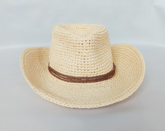 Straw Cowboy hat - Raffia Fedora Hat with wide curled brims