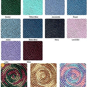 May include: A collection of thirteen square swatches showing circular crochet patterns in various colors including Hunter, Tiffani Blue, Jacaranda, Royal, Jeans, Retro Blue, Navy, Lavender, Lilac, Wine, Humming Bird, Walnut tree, and Rainbow Bride.