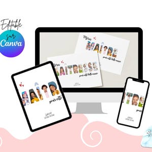 May include: A digital design featuring a computer monitor, tablet, and smartphone displaying a personalized thank you card. The card says "Merci Maitresse" and "Merci pour cette belle ann&eacute;e" with photos of children. The design includes the text "Editable sur Canva".
