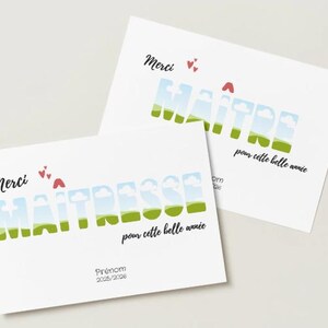 May include: Two white cards with the words "Merci Maitresse" and "Merci Maitre" in a landscape design. The text is filled with a sky and grass scene. Small red hearts and the phrase "pour cette belle ann&eacute;e" are also present.