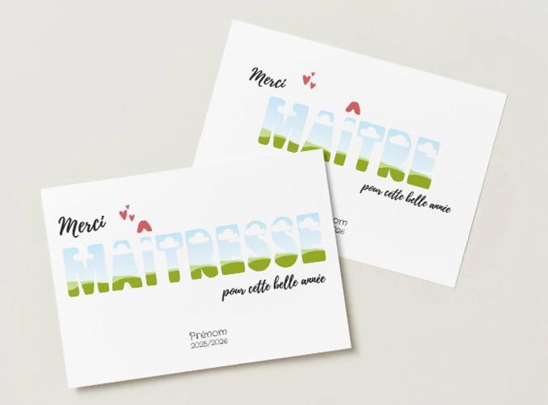 May include: Two white cards with the words "Merci Maitresse" and "Merci Maitre" in a landscape design. The text is filled with a sky and grass scene. Small red hearts and the phrase "pour cette belle ann&eacute;e" are also present.