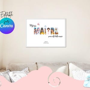 May include: A framed print with the words "Merci MA&Icirc;TRE pour cette belle ann&eacute;e" in black script. The word "MA&Icirc;TRE" is filled with colorful images of children. The print includes the name "L&eacute;on" and a date.